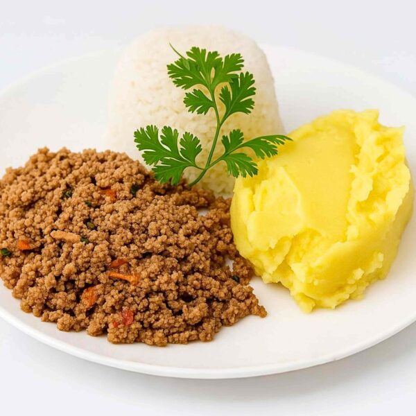 Carne Moída com Arroz Integral e Purê de Batata Doce